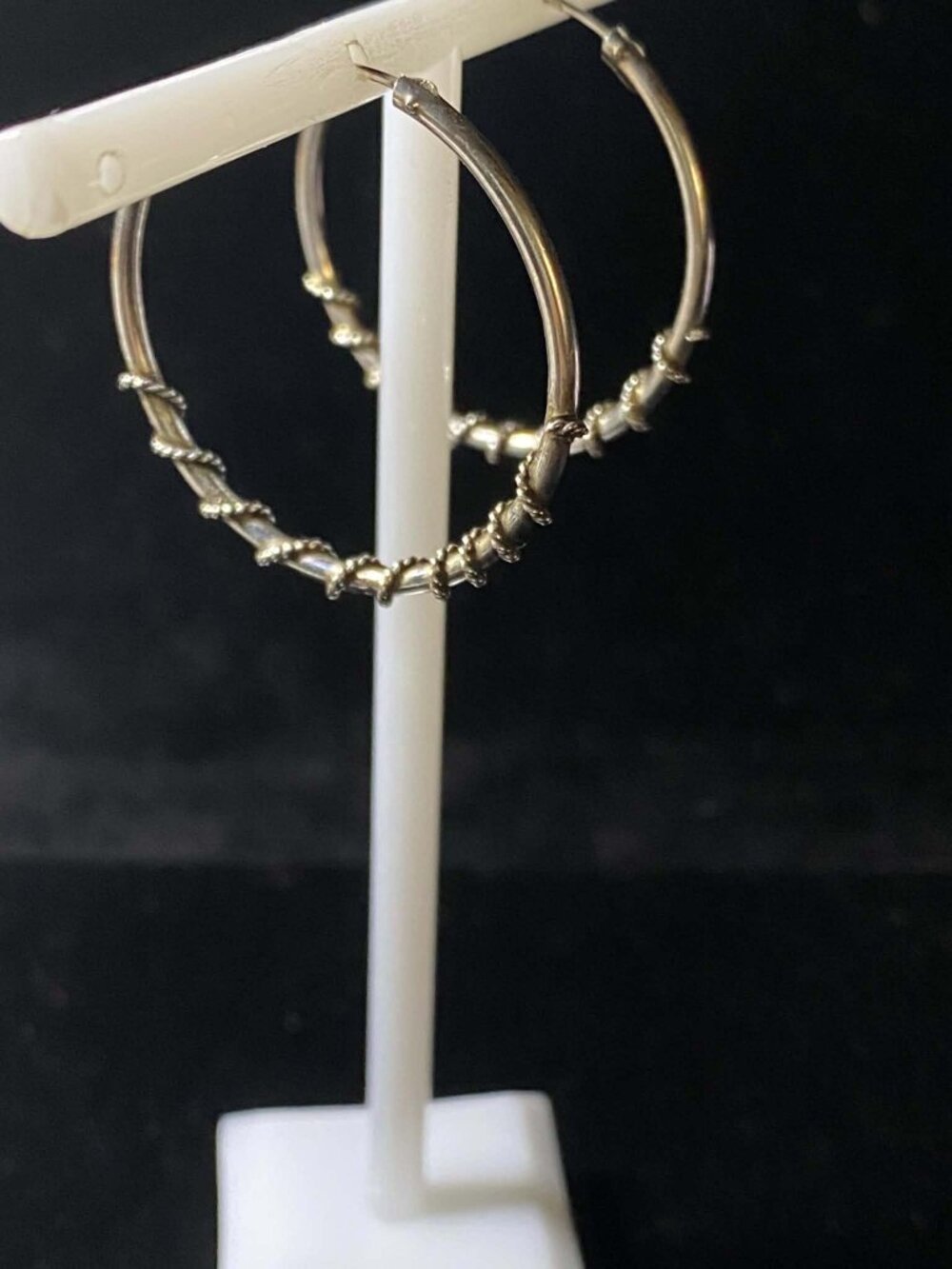 .925 Sterling Silver Large Hoops with Rope Design - Picture 5 of 6